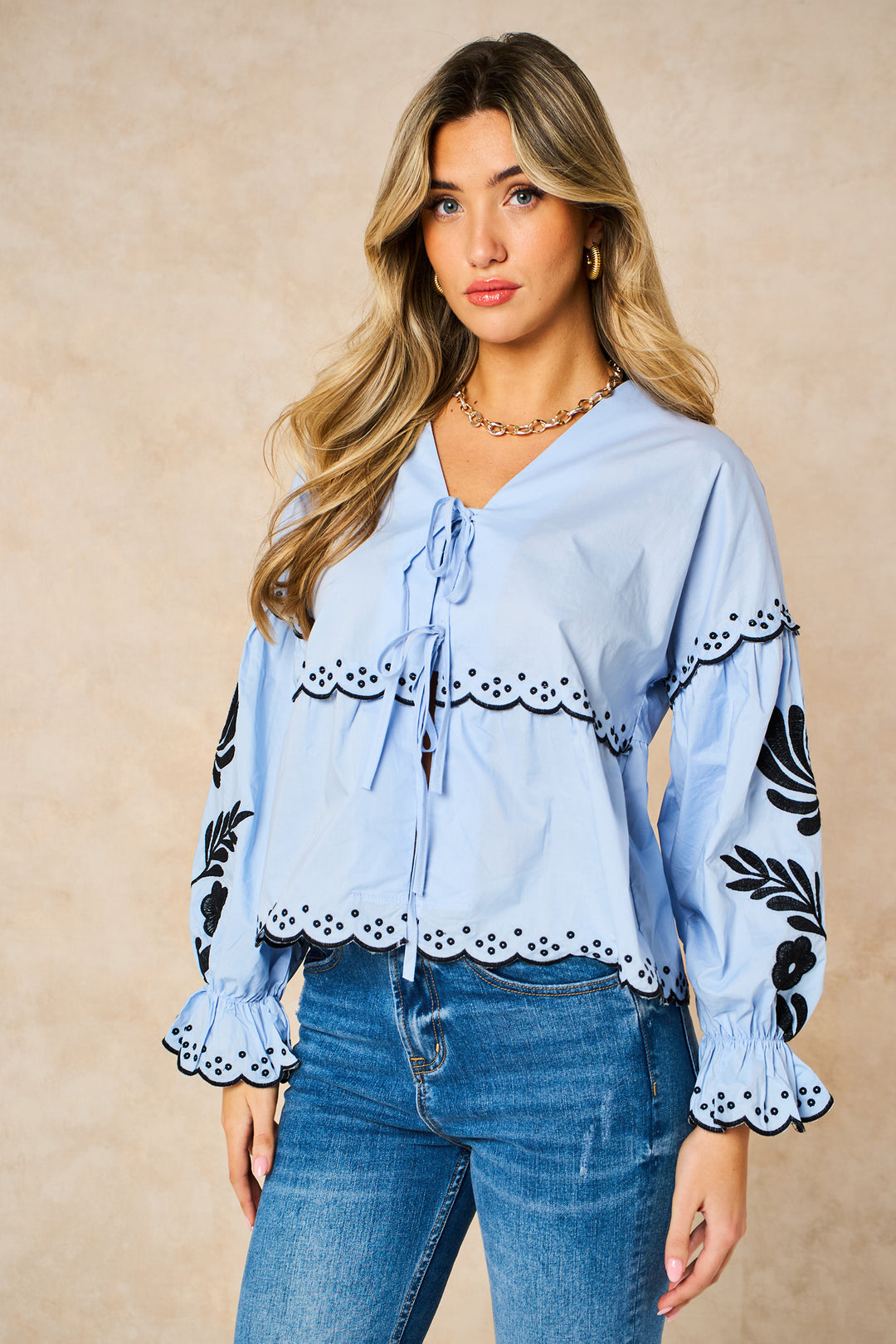 Embroidered-Floral-Front-Tie-Cotton-Shirt-in-Denim-Blue-Front