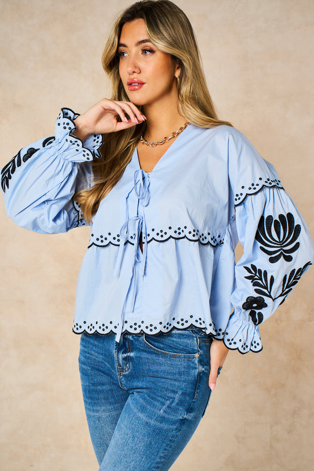 Embroidered-Floral-Front-Tie-Cotton-Shirt-in-Denim-Blue-Side