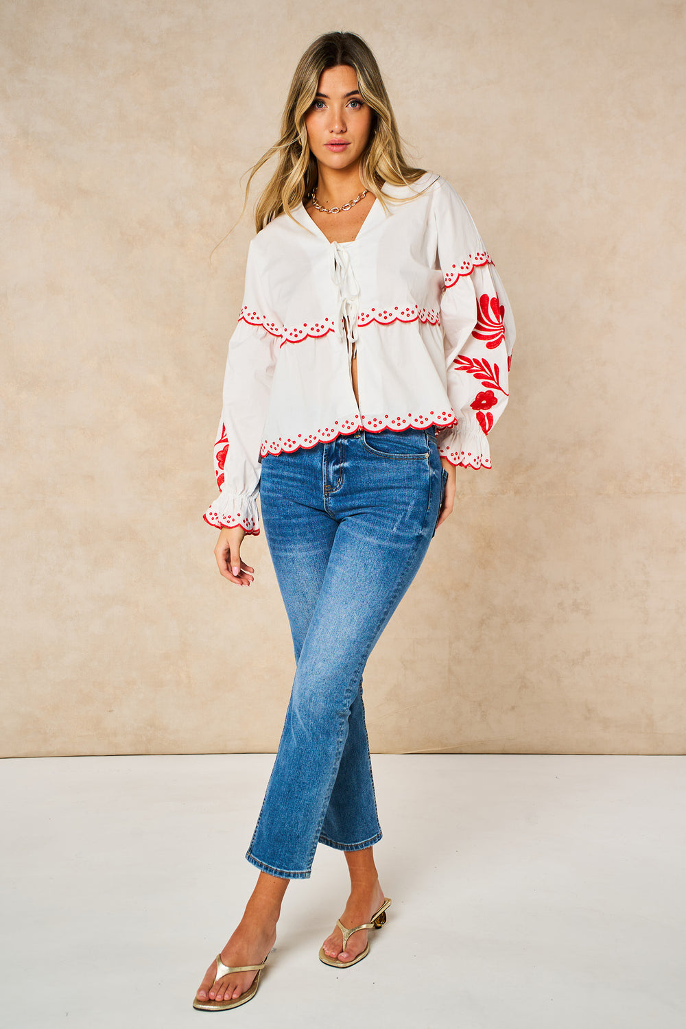 Embroidered-Floral-Front-Tie-Cotton-Shirt-in-White-Styled