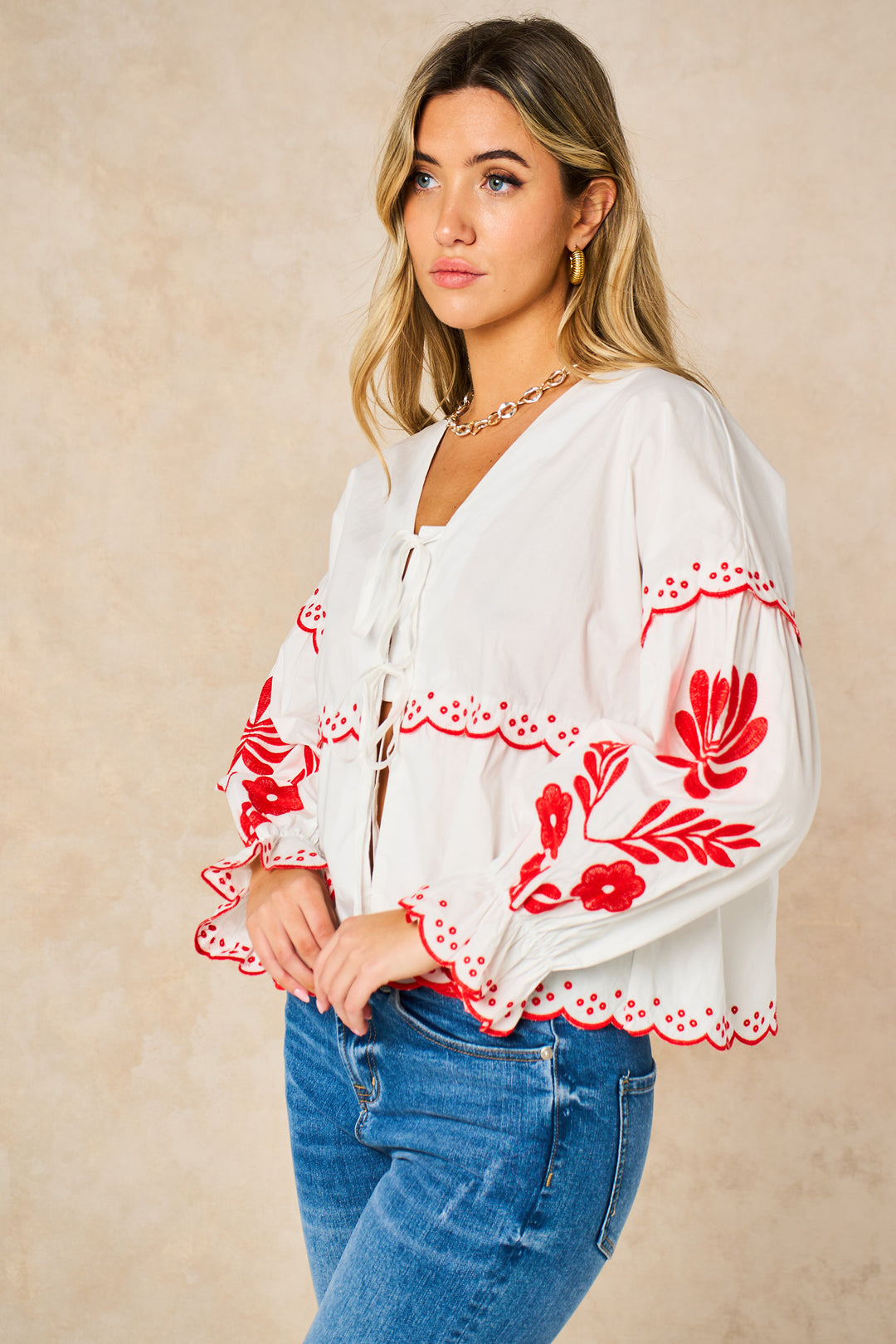 Embroidered-Floral-Front-Tie-Cotton-Shirt-in-White-Side