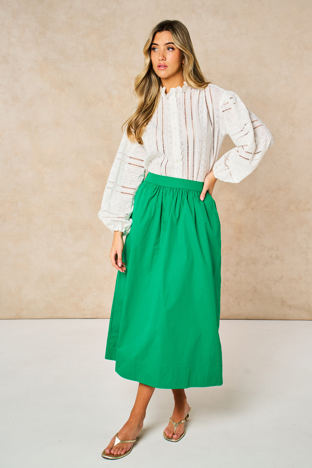 Cotton-Midaxi-Skirt-in-Green-front