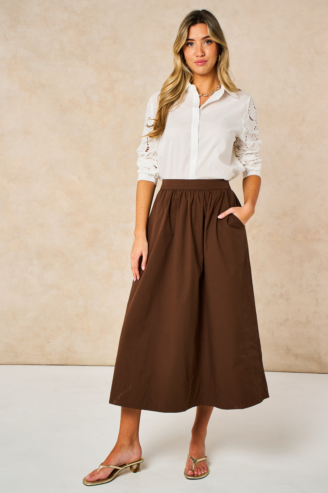Cotton-Midaxi-Skirt-in-Brown-front