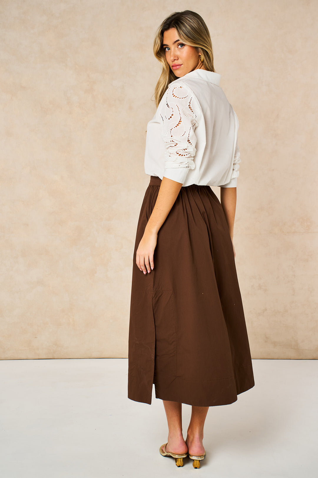 Cotton Midaxi Skirt in Brown