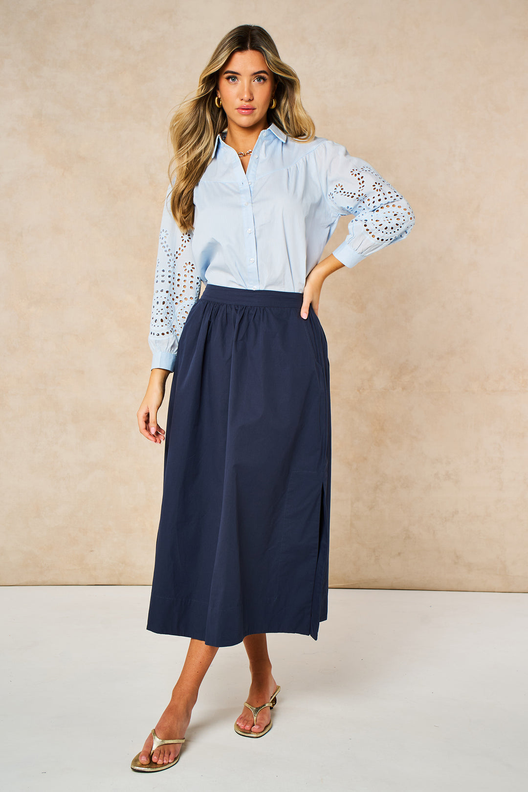 Cotton Midaxi Skirt in Navy Blue