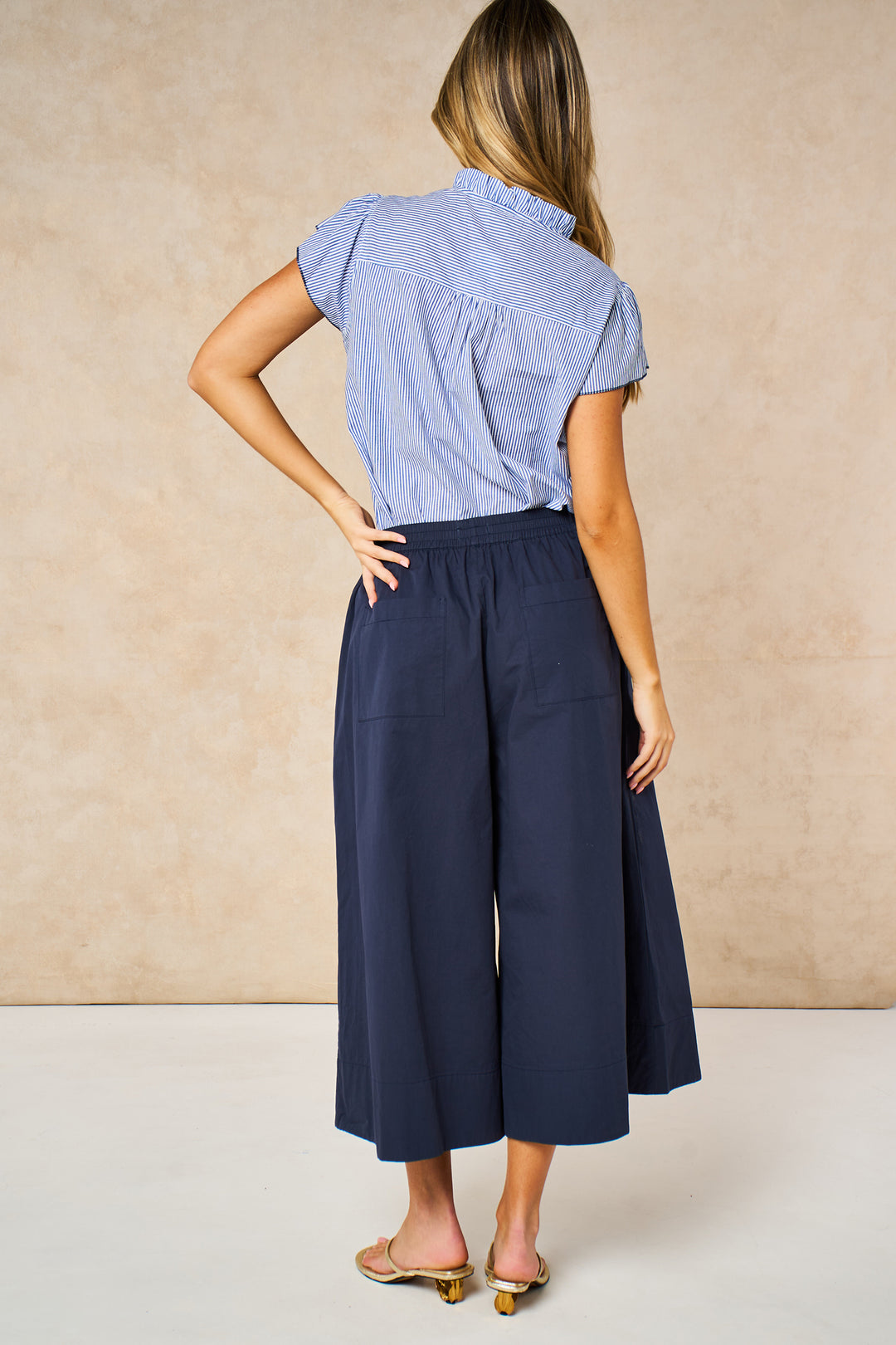 Cropped Wide Leg Cotton Trousers in Navy Blue