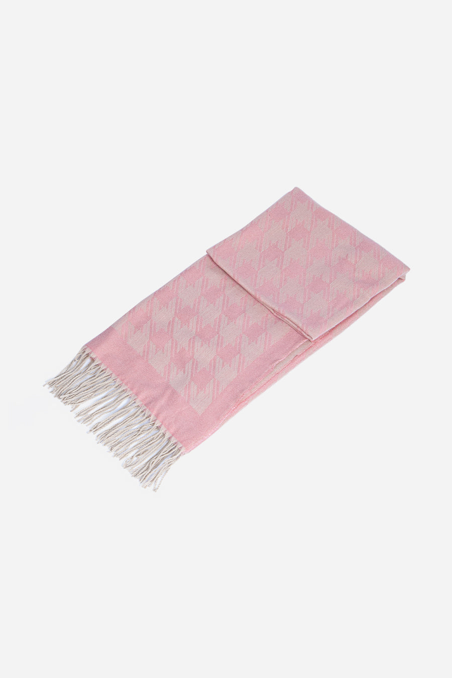 Light Pink Dogtooth Print Blanket Scarf With Tassel Edge.