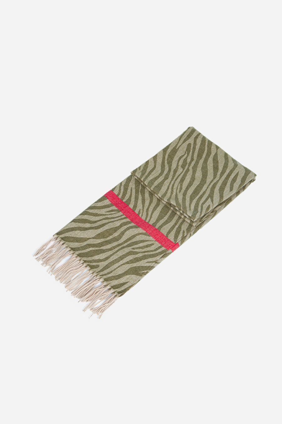 Khaki Fuchsia Zebra Print Scarf With Stripe
