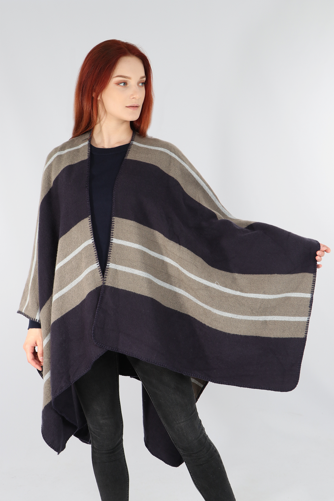 Navy Blue Colourblock Striped Cape