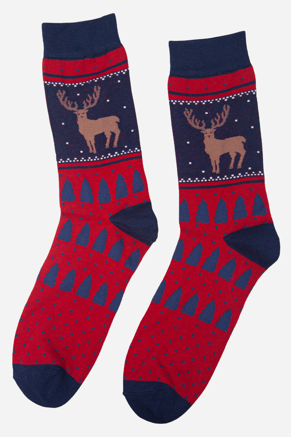 navy blue and red festive stag socks