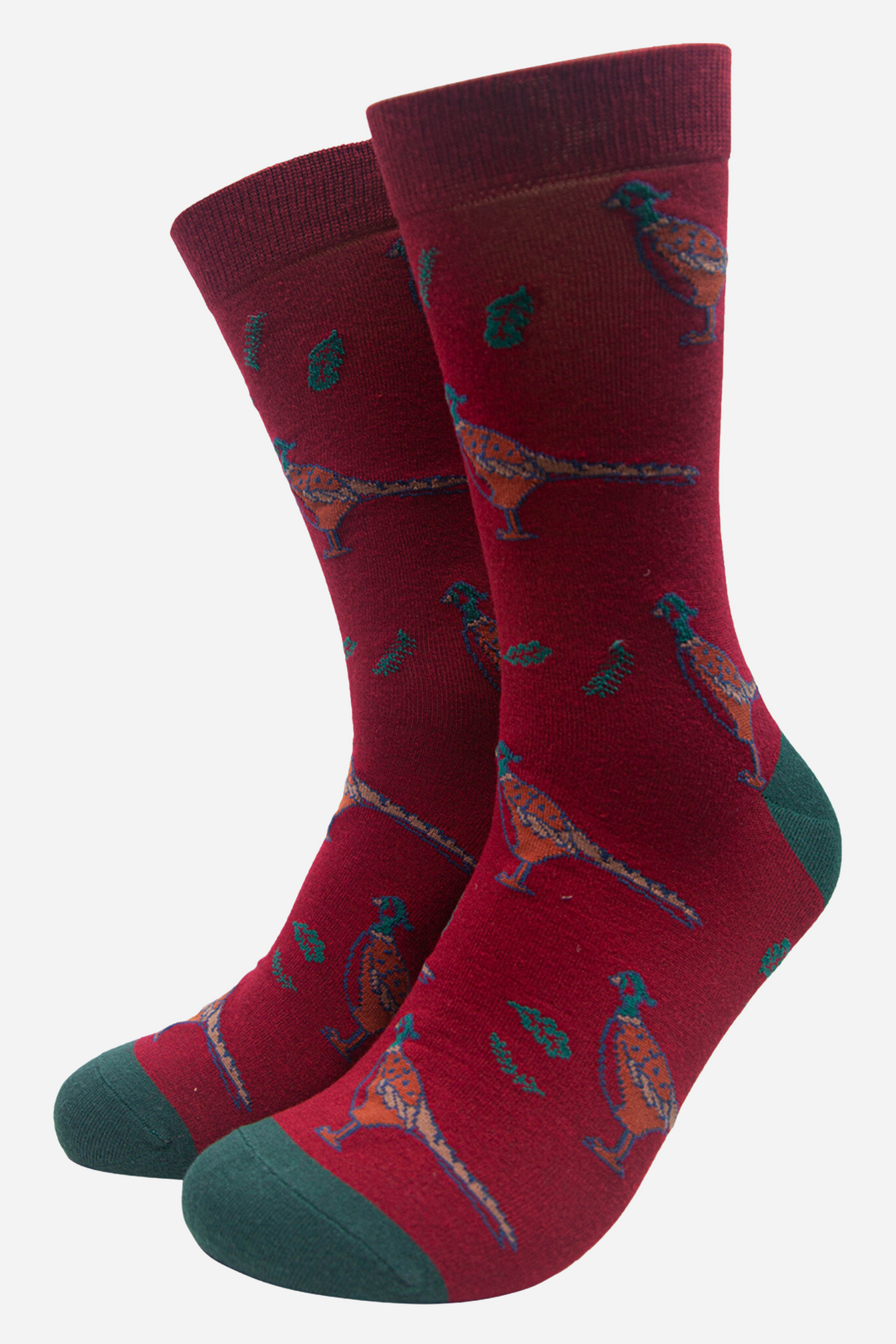 red socks with woodland pheasants and green leaves