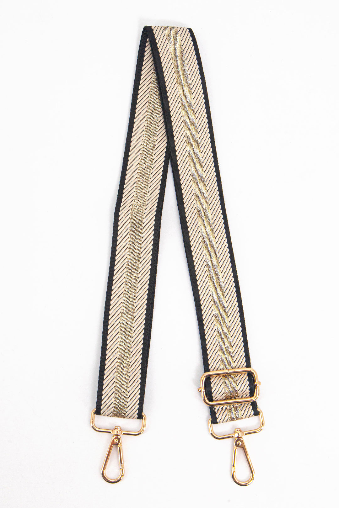 cream bag strap with a gold glitter centre stripe and gold hardware