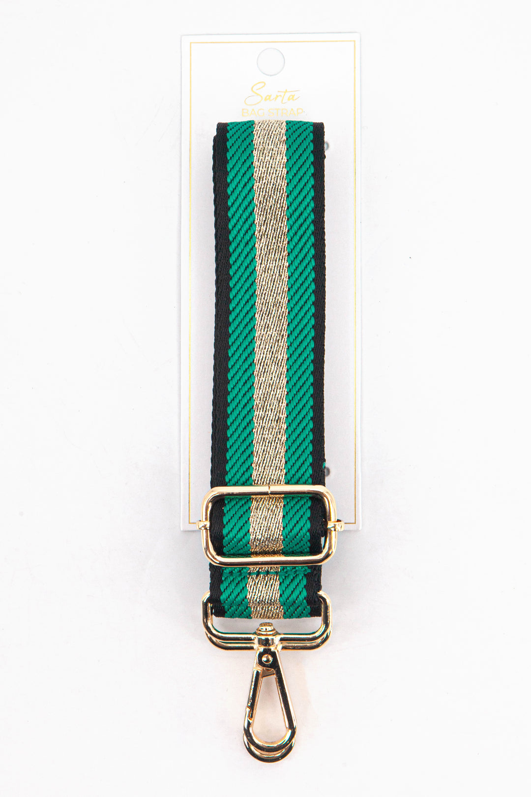 green and gold glitter stripe woven bag strap in its sarta packaging