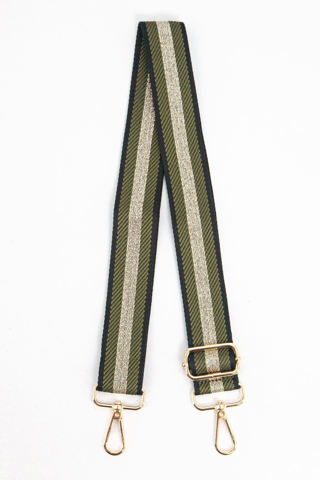 khaki green bag strap with a gold glitter centre stripe and gold hardware