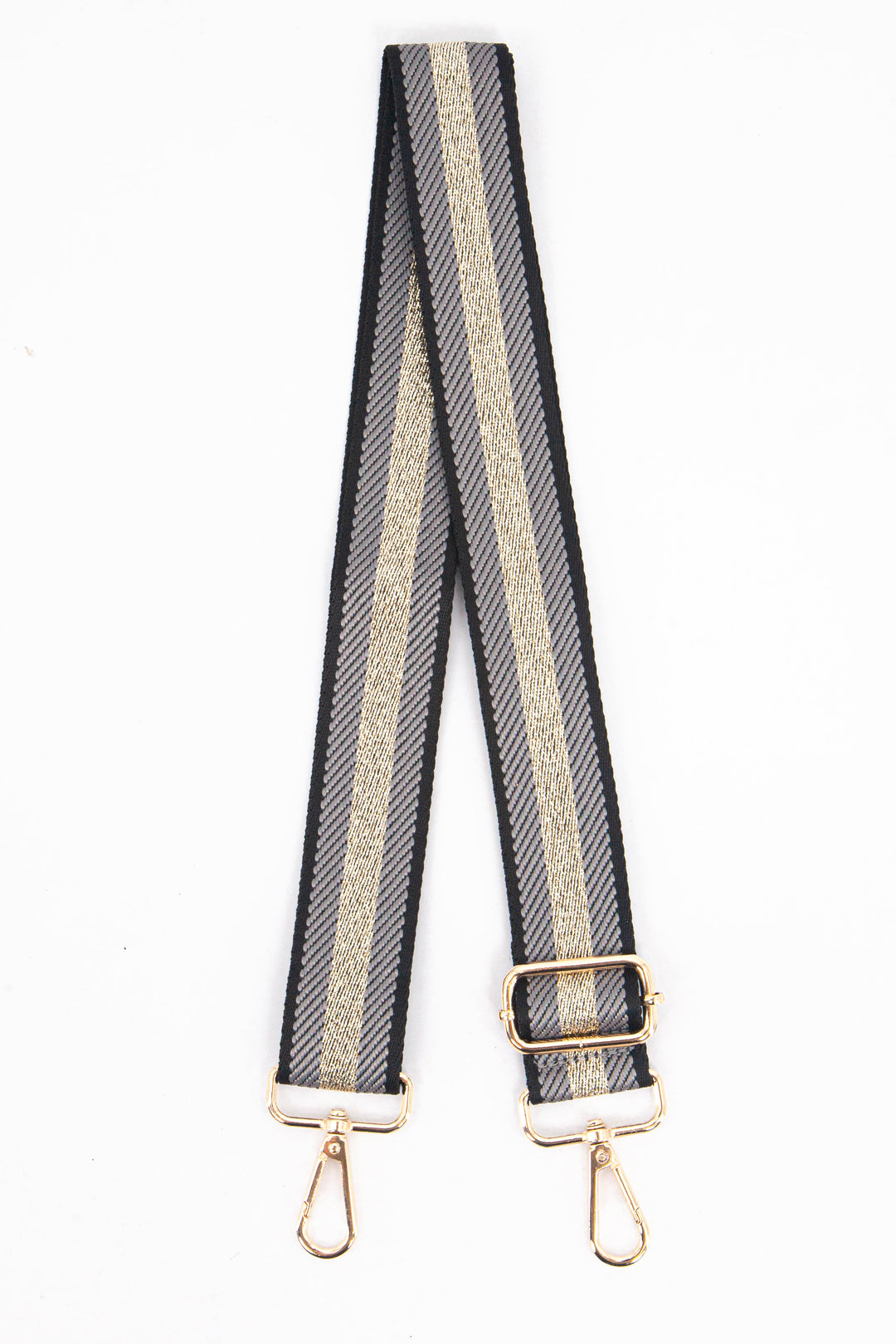 grey bag strap with a gold glitter centre stripe and gold hardware