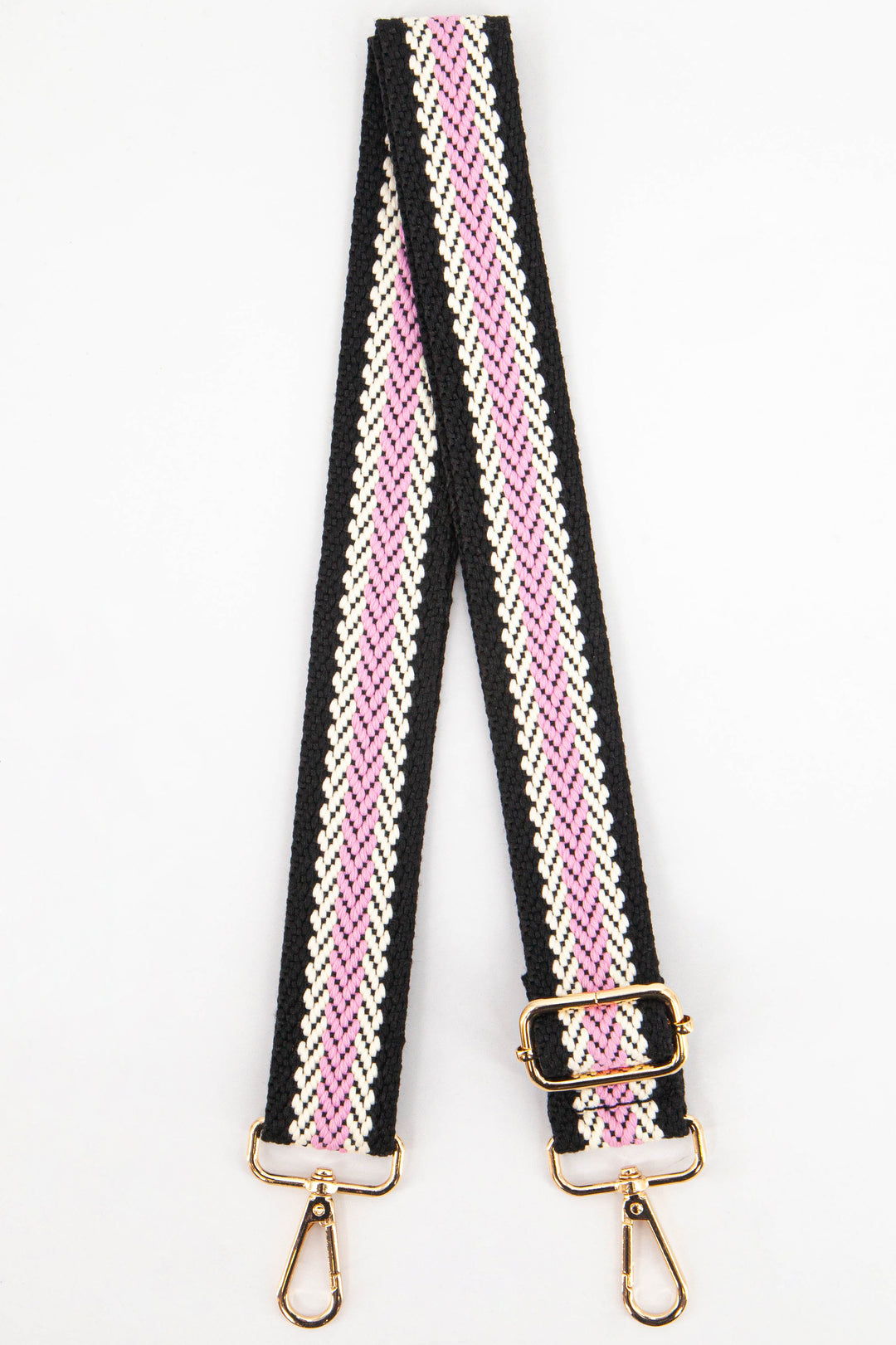 black and pink woven chevron stripe bag strap with gold clip on snap hooks for easy attachment