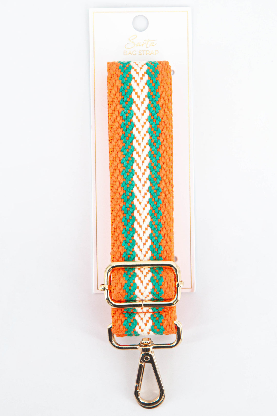 orange and green woven cross body bag strap with gold clip on hardware