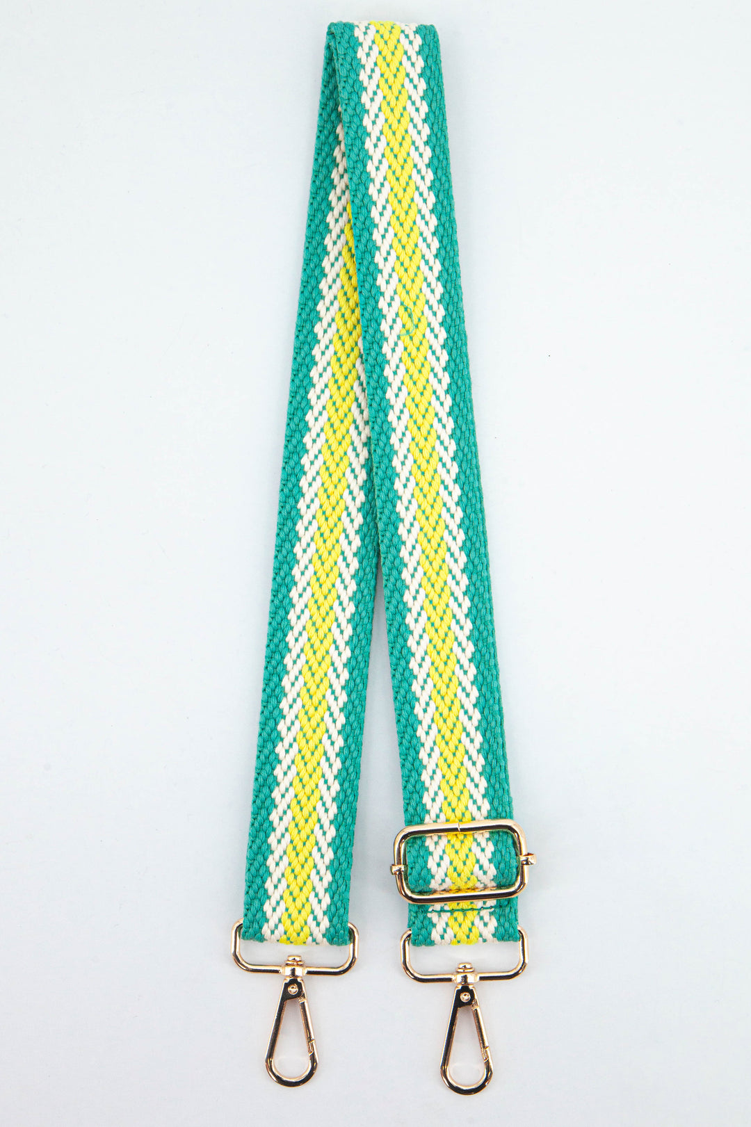 turquoise and lime yellow woven chevron stripe bag strap with gold clip on snap hooks for easy attachment
