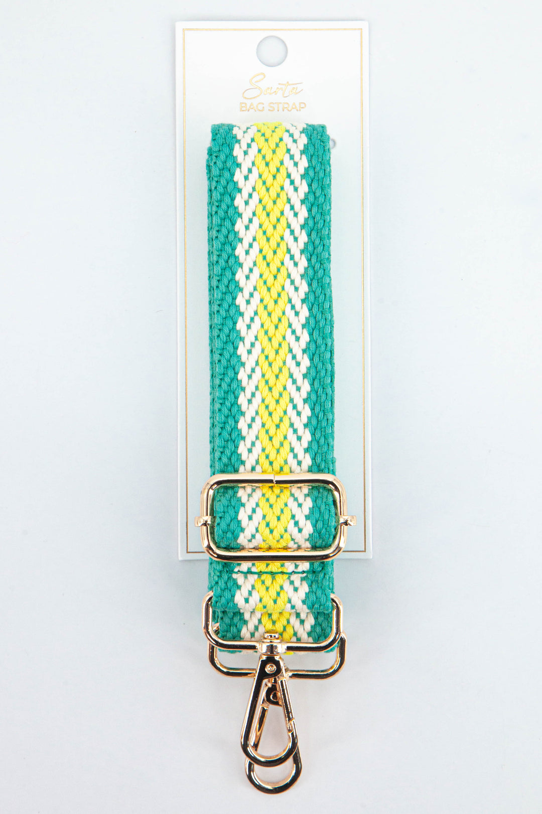 green, lime yellow striped woven bag strap with gold hardware