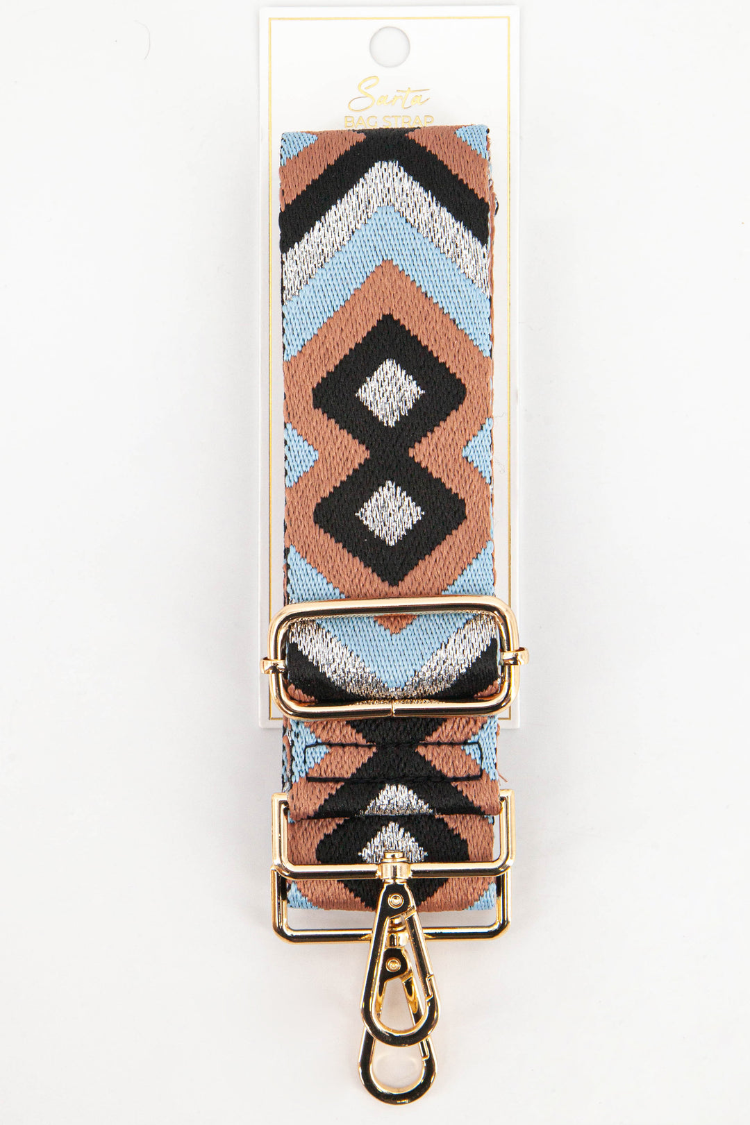 dusty pink, blue and metallic silver aztec print patten woven bag strap