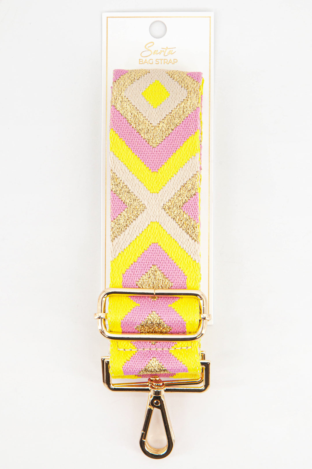 pink, yellow and metallic gold aztec print patten woven bag strap