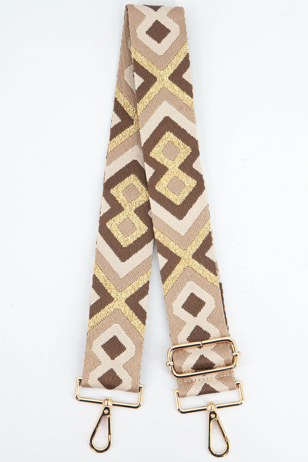 wide woven bag strap with sand beige and neutral brown aztec print with gold metallic glitter threading throughout