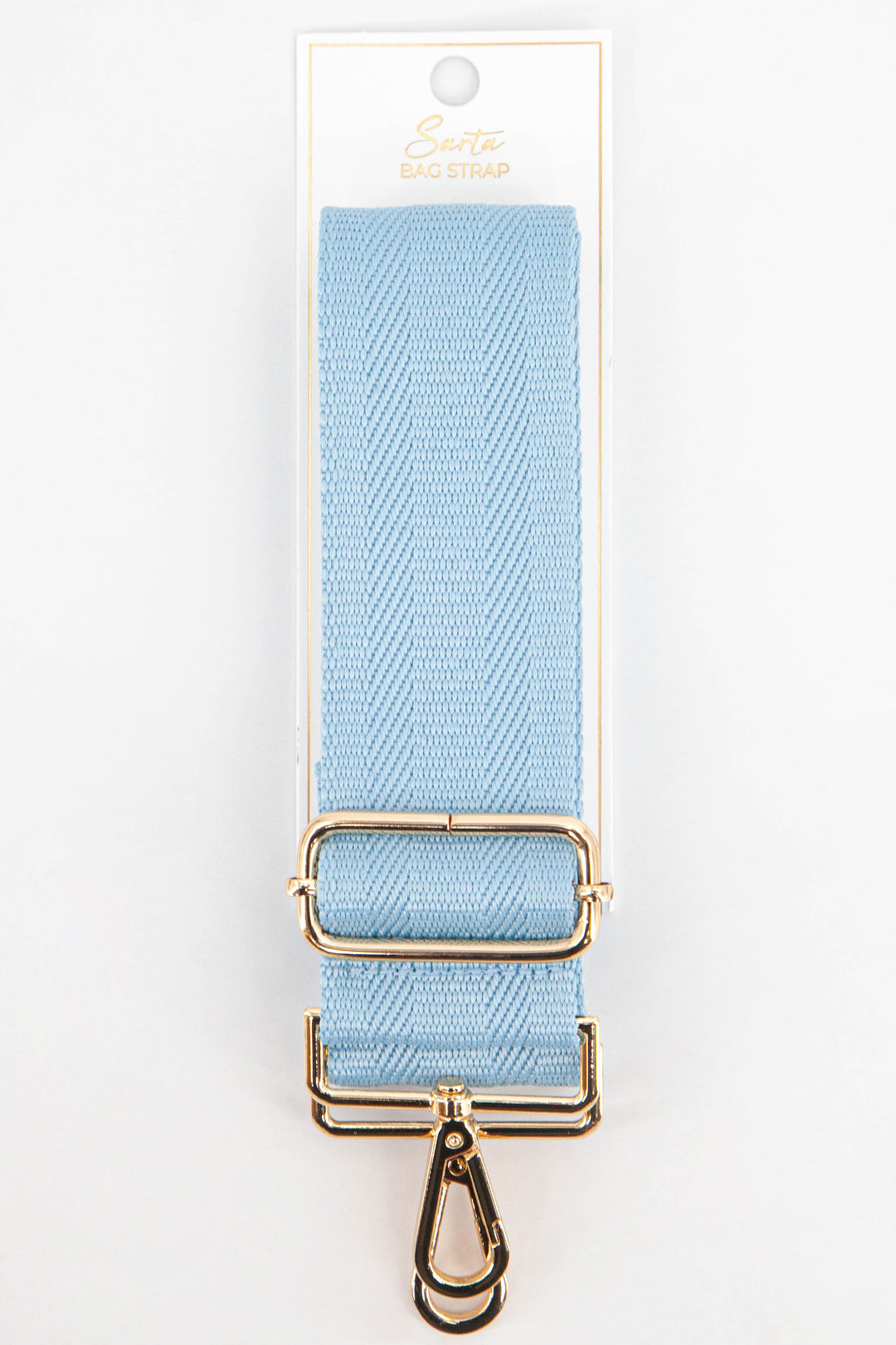 plain light blue woven bag strap with gold clip on hardware