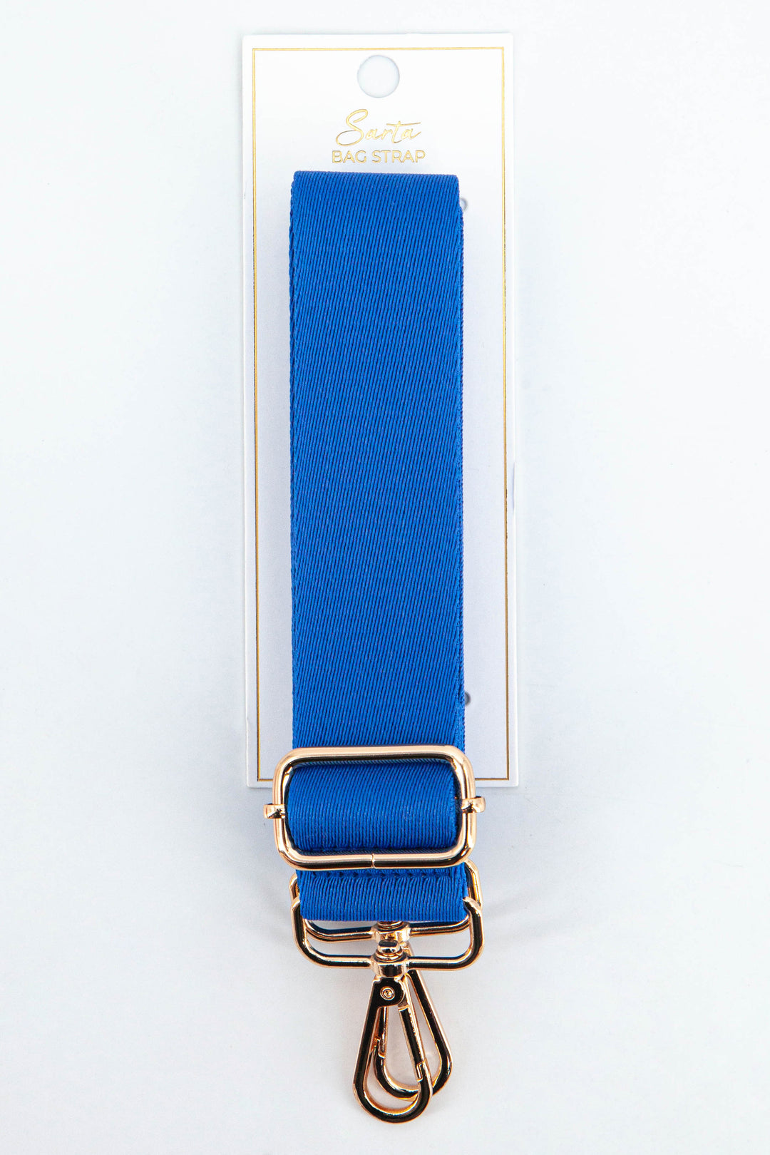 plain blue woven bag strap with gold clip on hardware