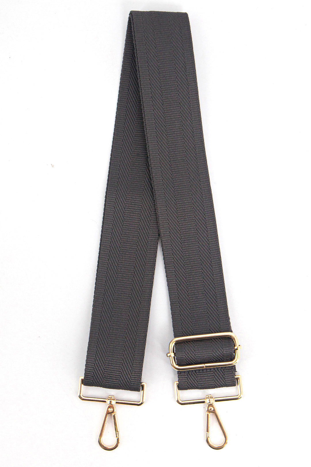 plain dark grey wide woven bag strap with gold clip on snap hook attachments