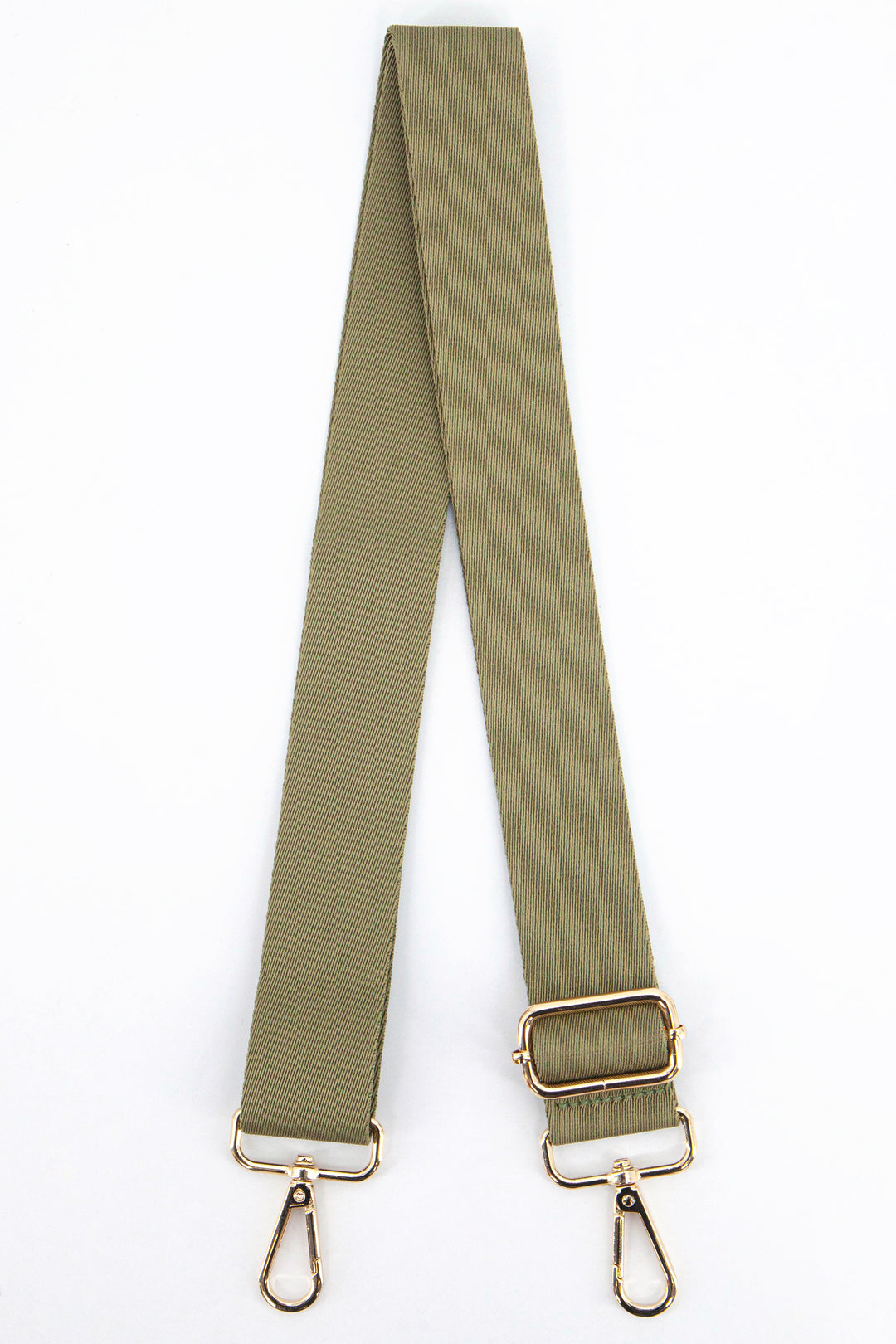 plain khaki green clip on bag strap in a textured khaki woven material with gold hardware