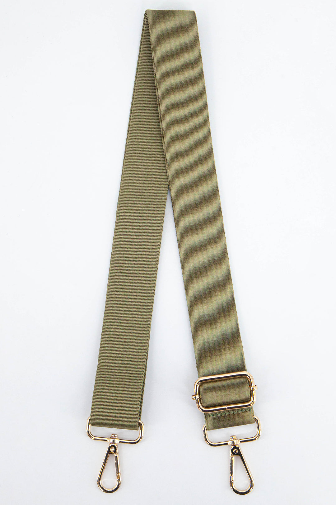 plain khaki green clip on bag strap in a textured orange woven material with gold hardware
