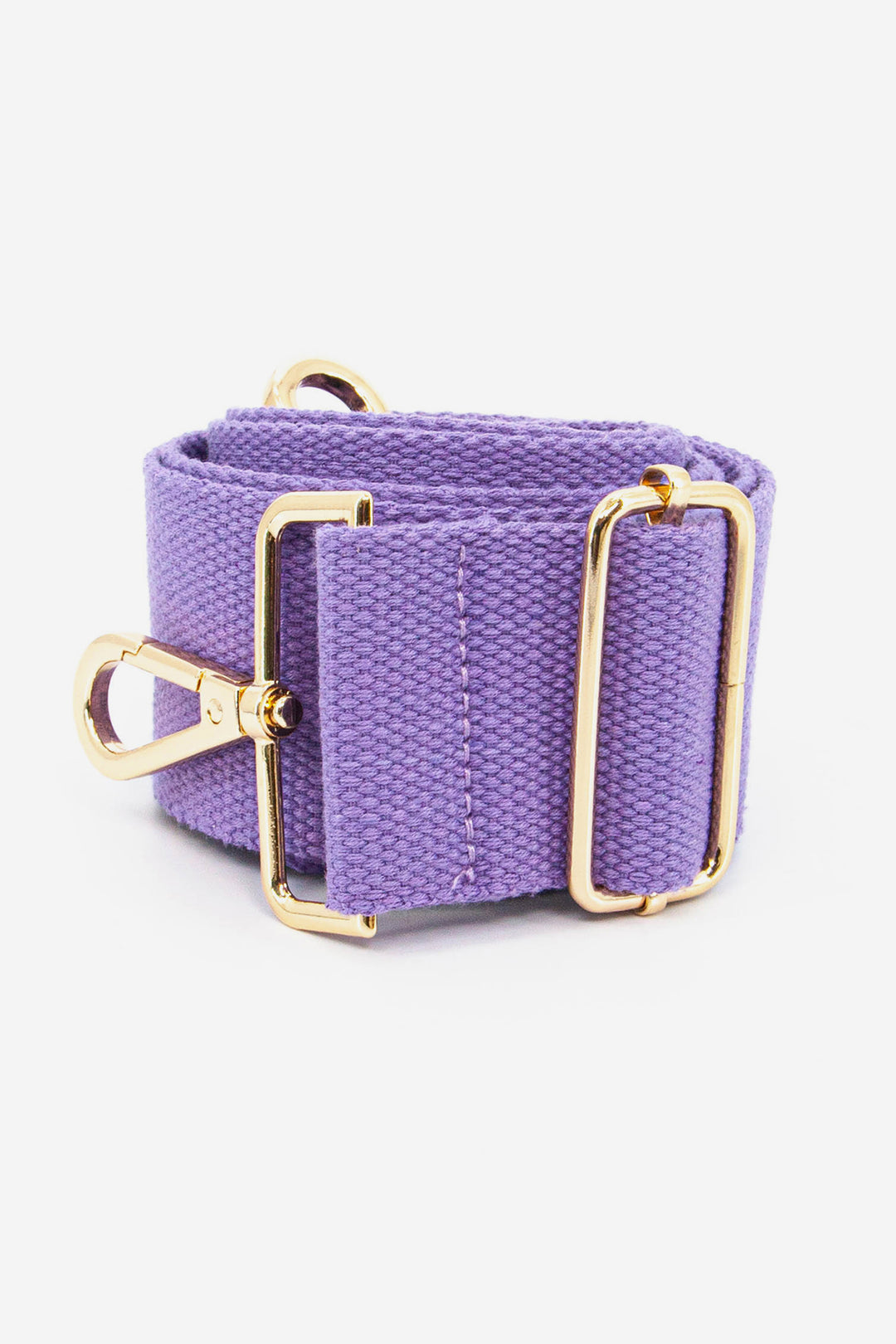 plain lilac bag strap with a woven texture and gold hardware