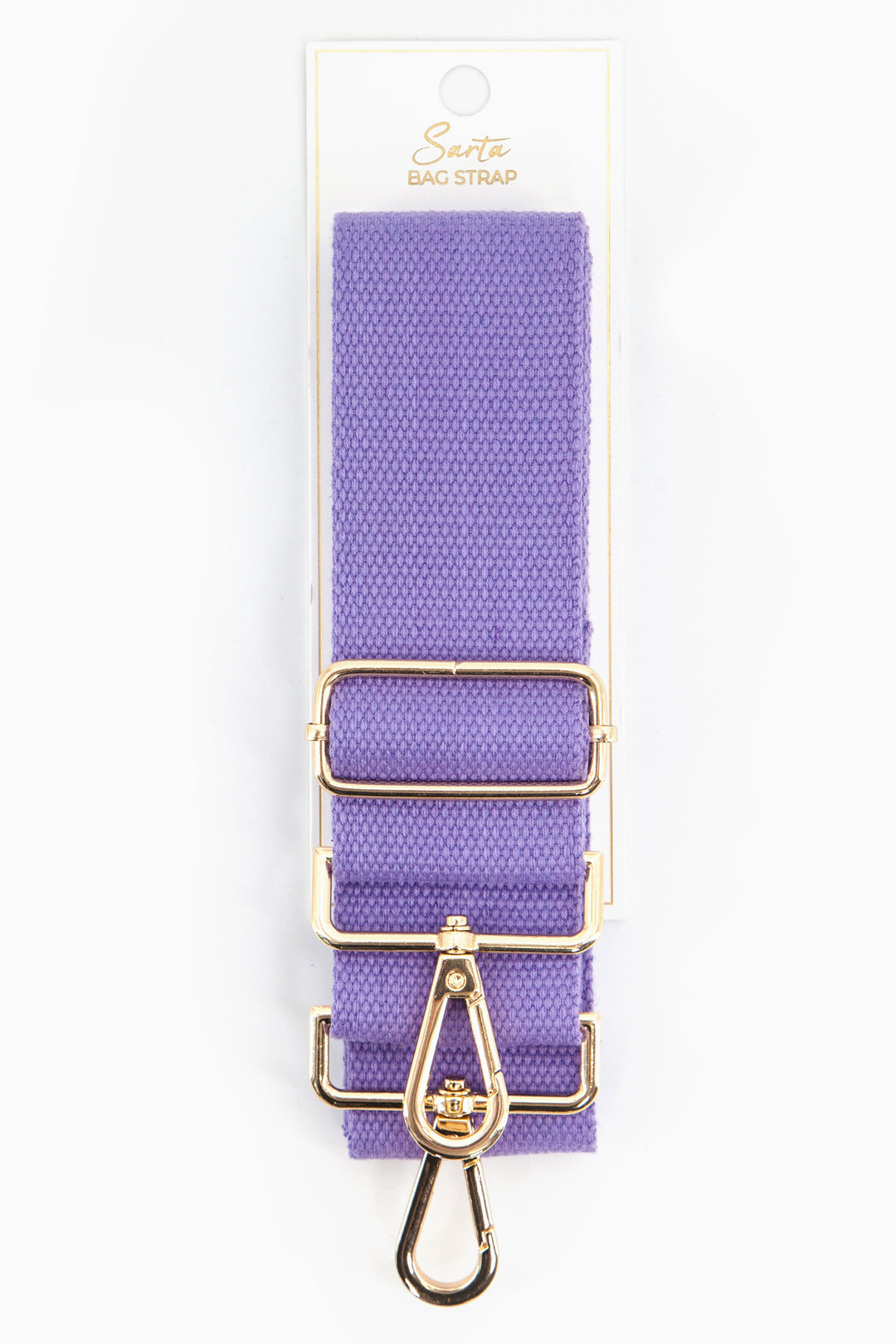 a plain lilac purple woven bag strap with gold clip on attachments and adjustable buckle