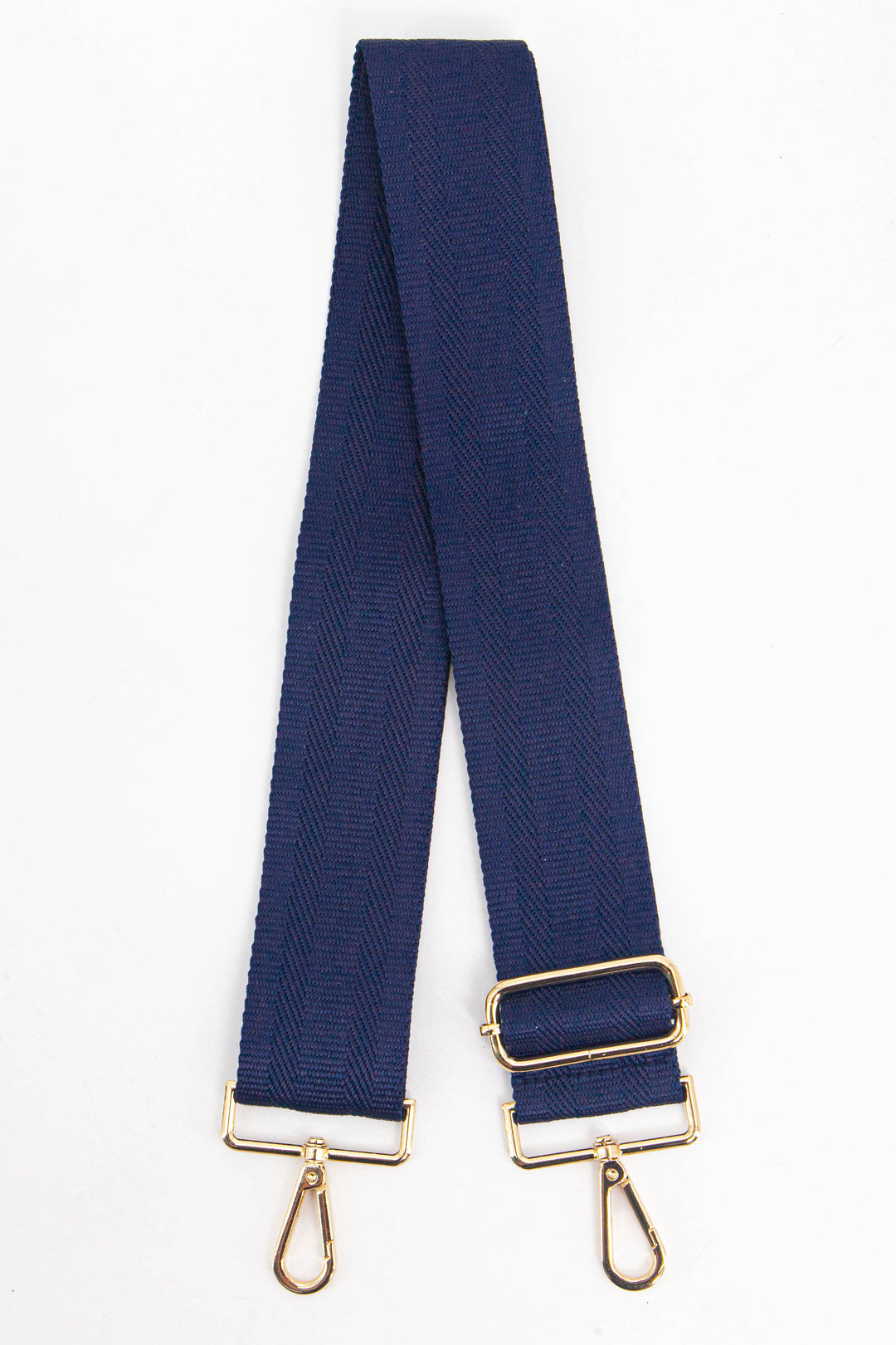 plain navy blue wide woven bag strap with gold clip on snap hook attachments