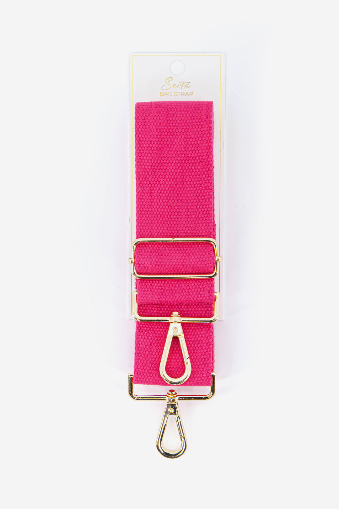 a plain fuchsia pink woven bag strap with gold clip on attachments and adjustable buckle