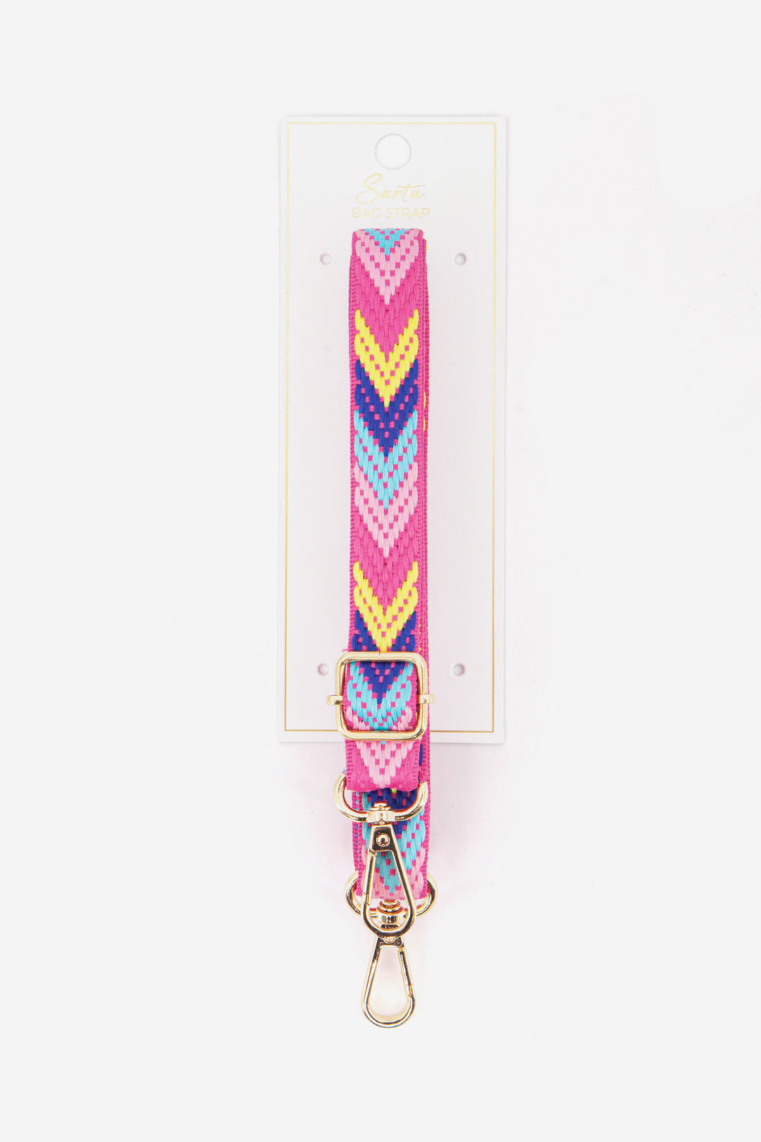 pink, blue and yellow chevron pattern woven  cross body bag strap 