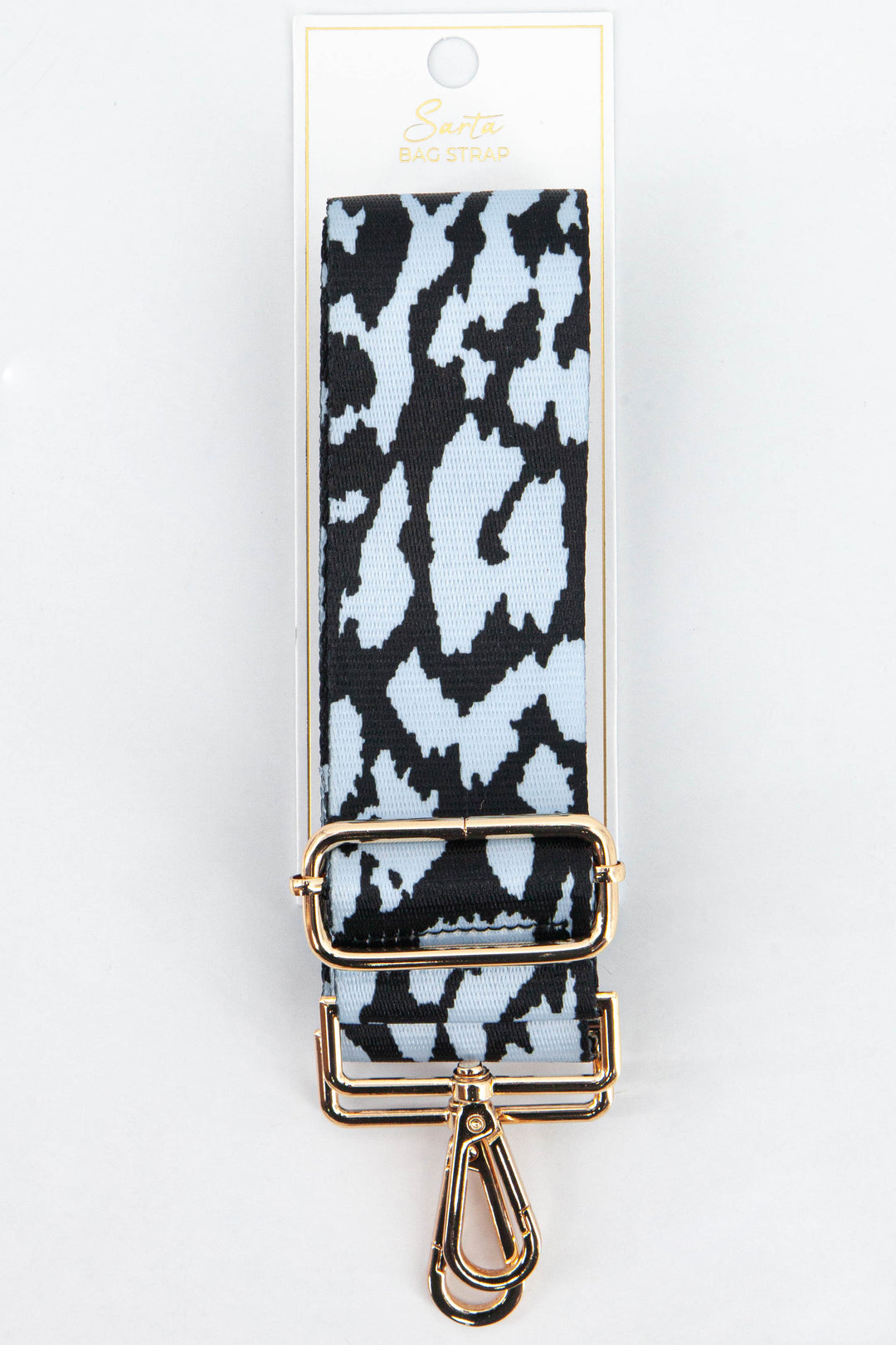 blue leopard print bag strap with gold hardware