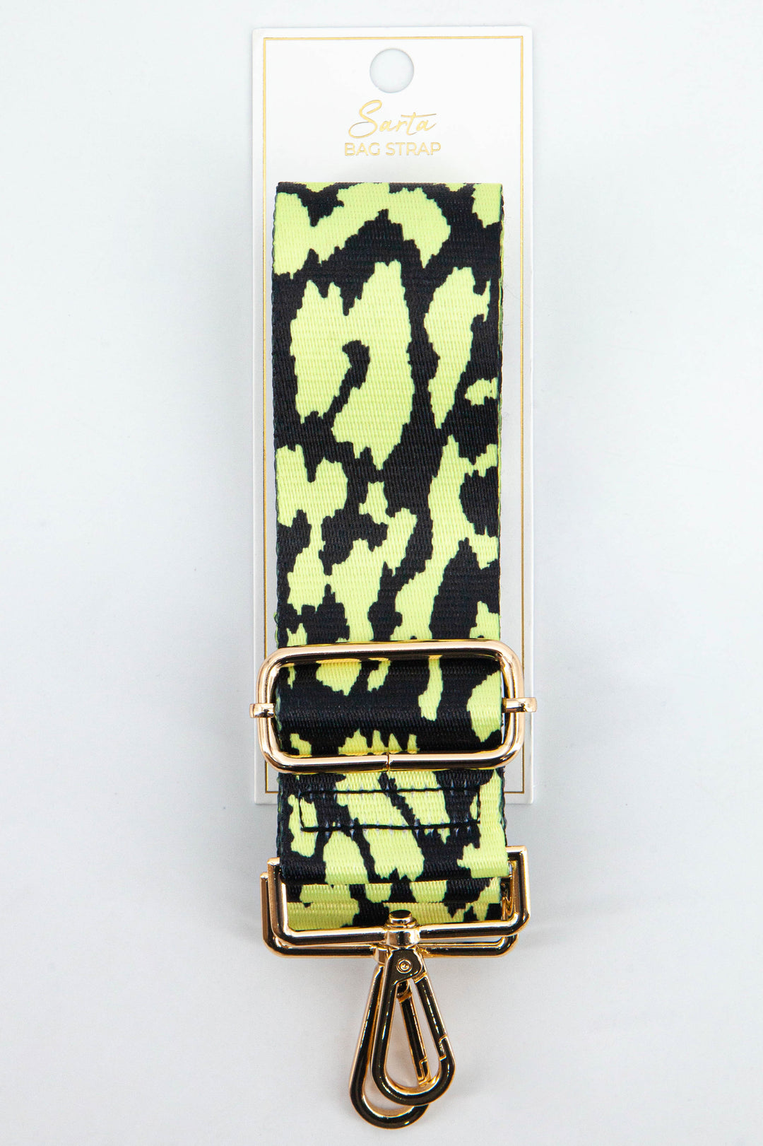 neon yellow and black leopard print bag strap with gold hardware