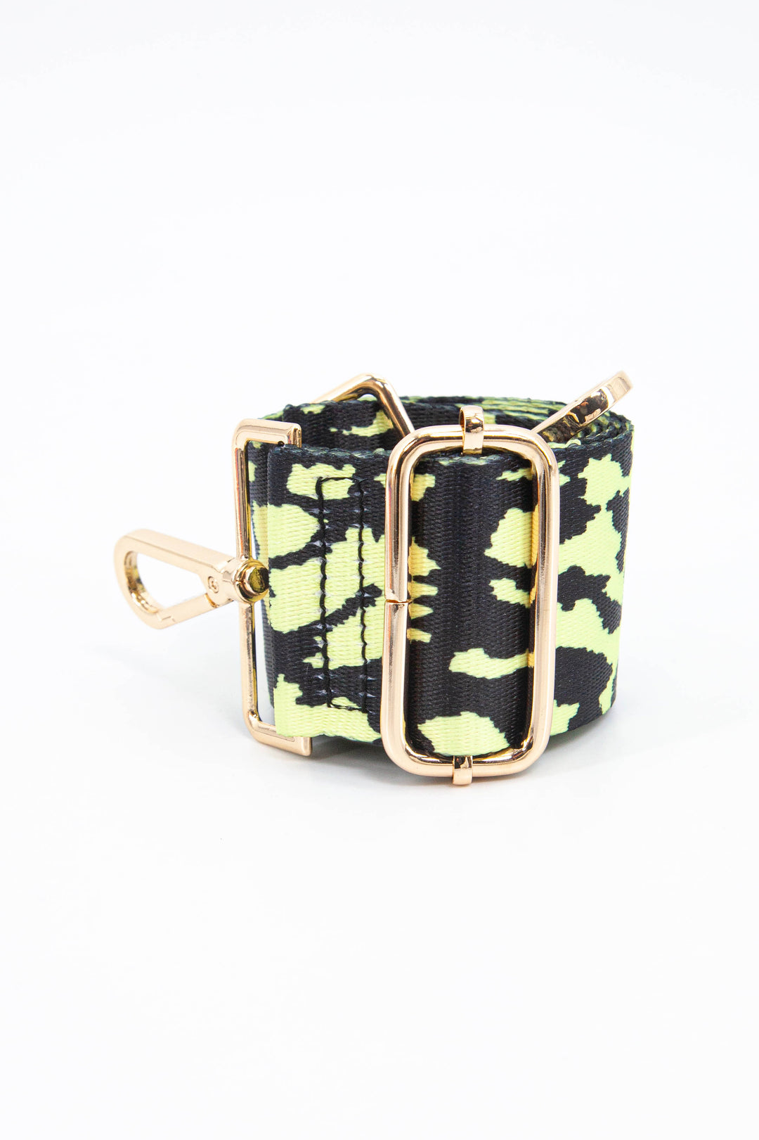 close up of the two tone animal print bag strap