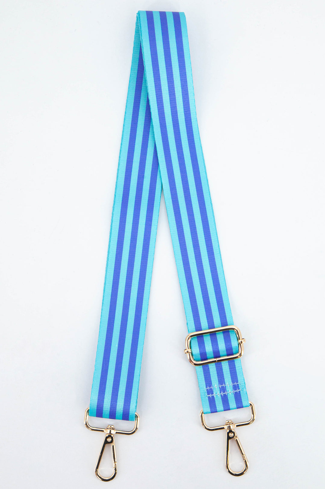 aqua blue and royal blue alternating stripe bag strap with gold clip on hardware