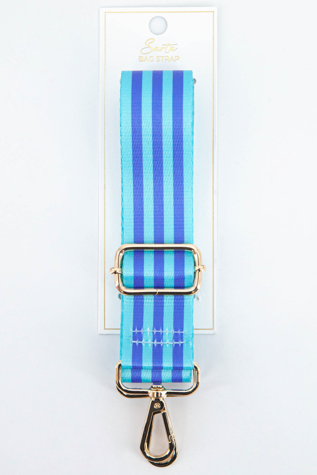 blue striped bag strap with gold hardware