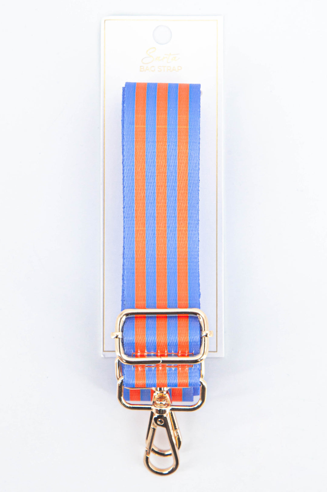 blue and orange striped bag strap with gold hardware