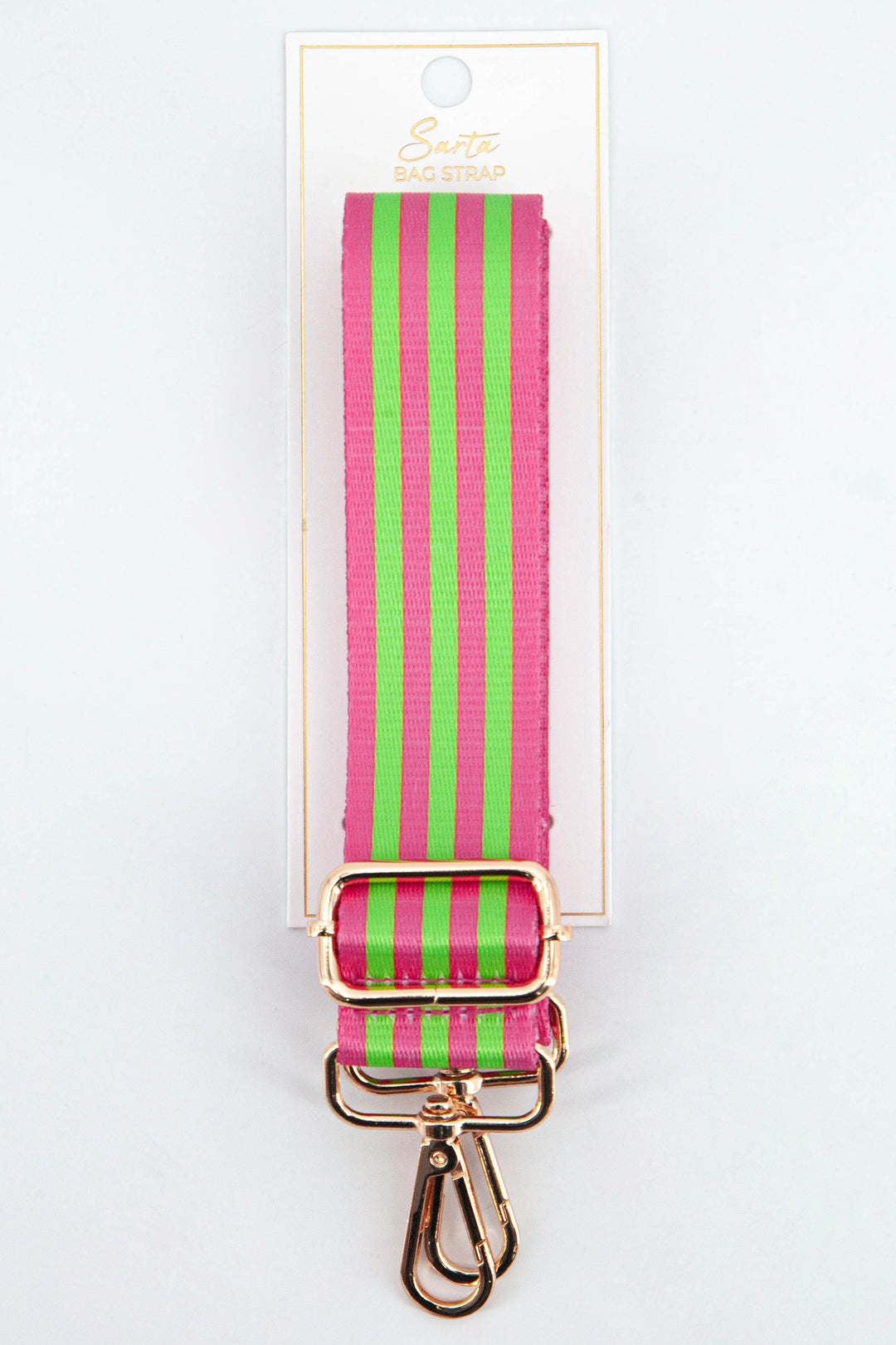 green and pink striped bag strap with gold hardware