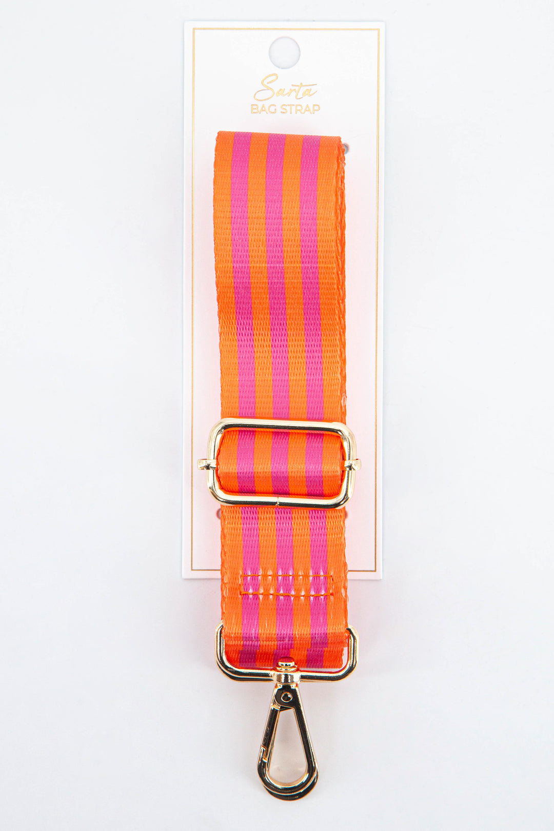 orange and pink striped bag strap with gold hardware