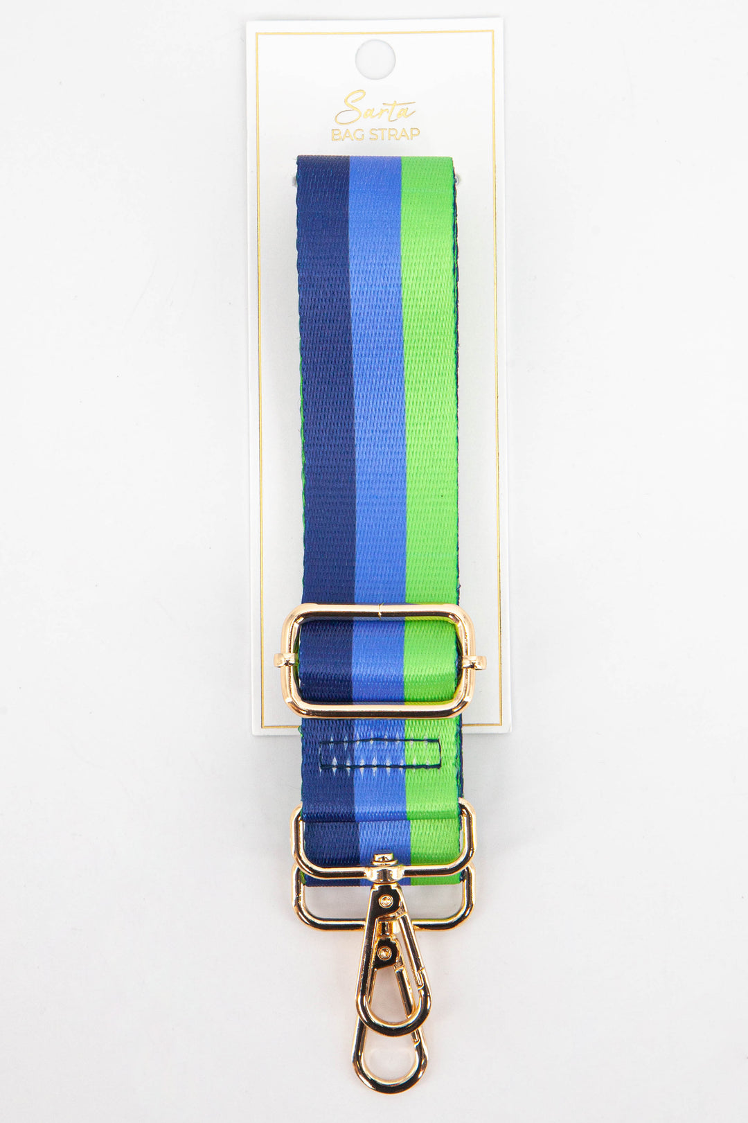 navy blue, green and light blue striped clip on bag strap with gold hardware