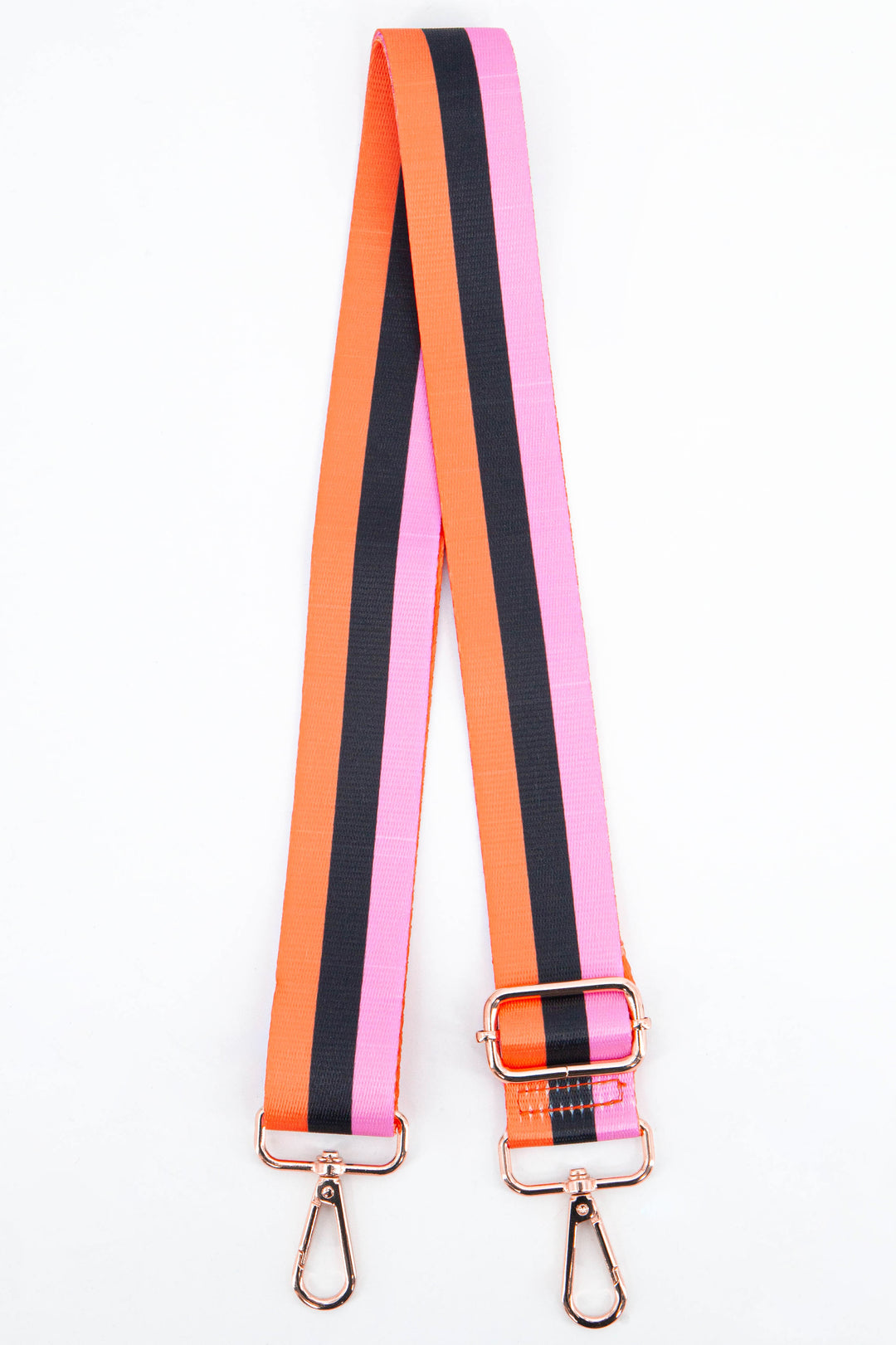clip on bag strap with a pattern of three colour block stripes in pink, black and orange 
