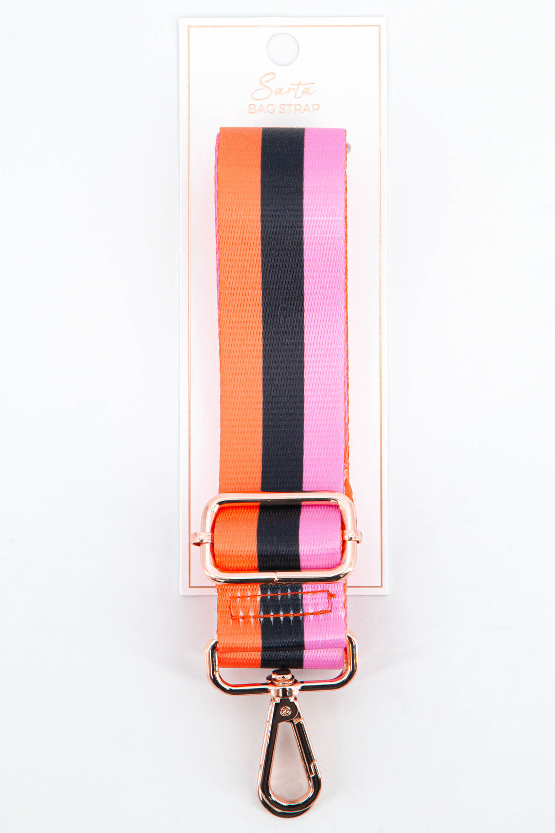 orange, black and pink striped clip on bag strap with gold hardware