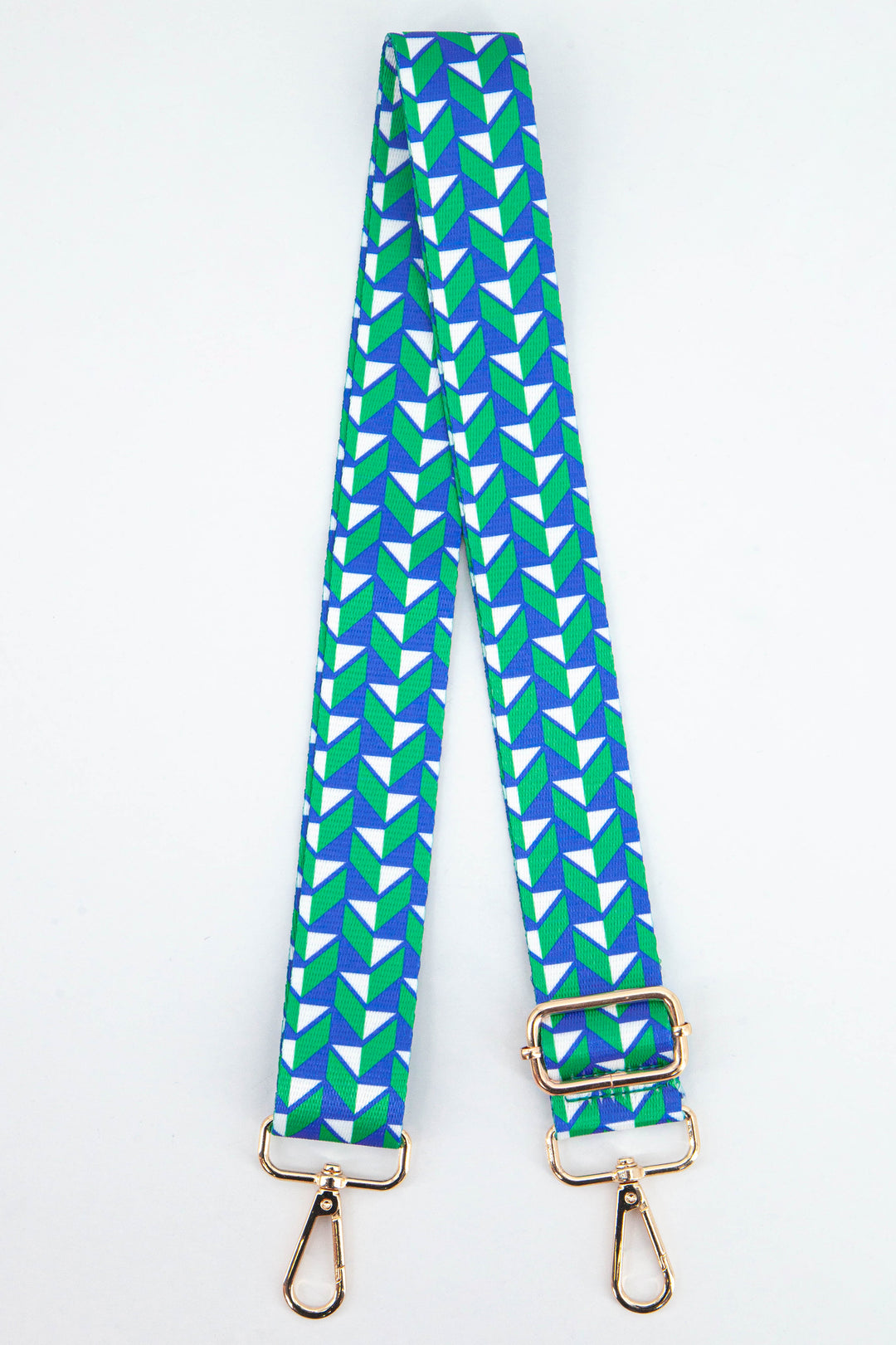 blue and green three dimensional chevron pattern bag strap with gold snap hook attachments