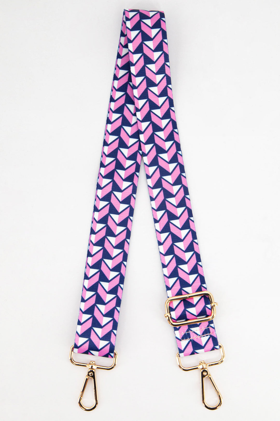 pink and navy blue three dimensional chevron pattern bag strap with gold snap hook attachments