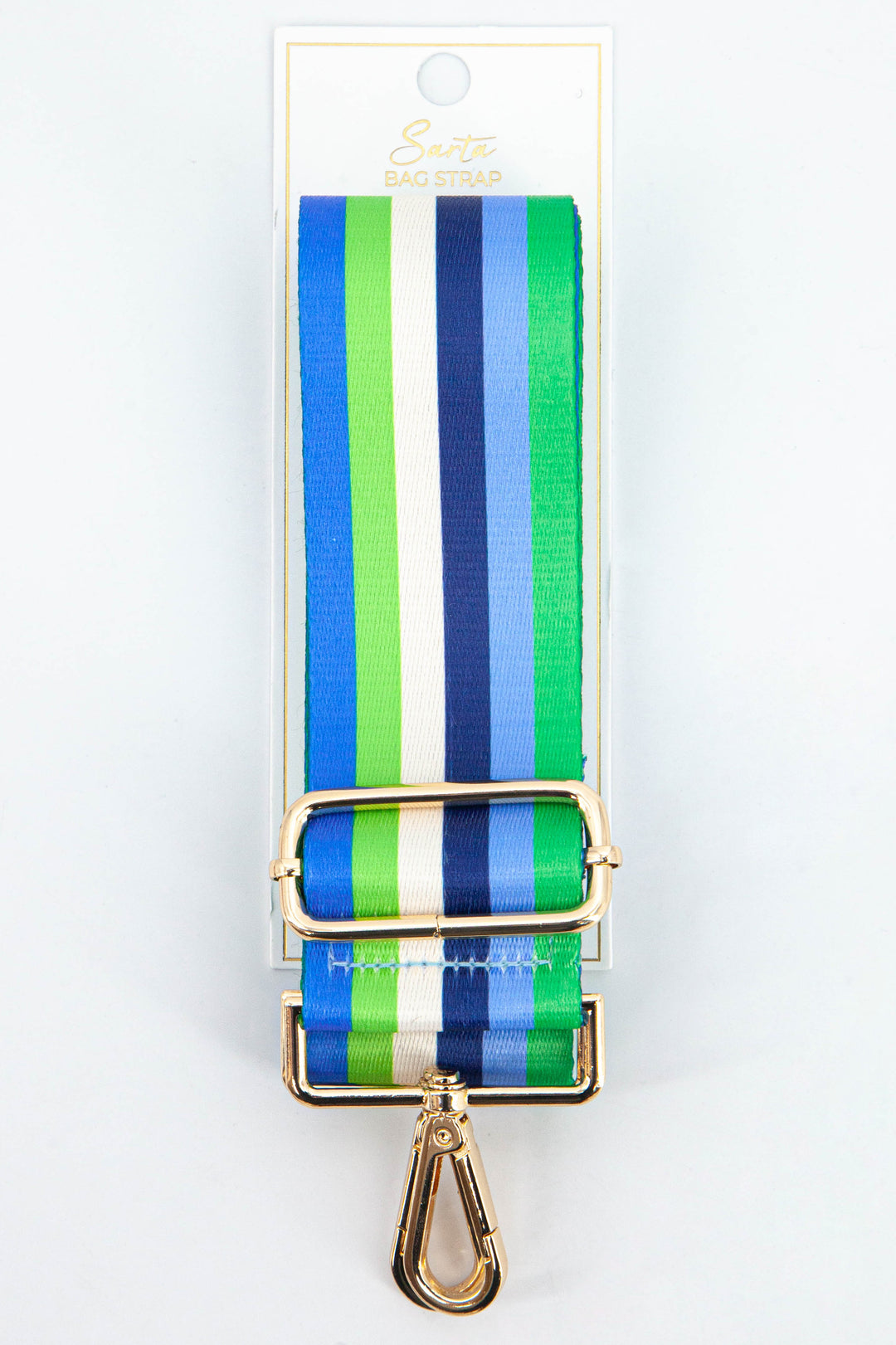 blue, green, and white multi striped bag strap with gold hardware