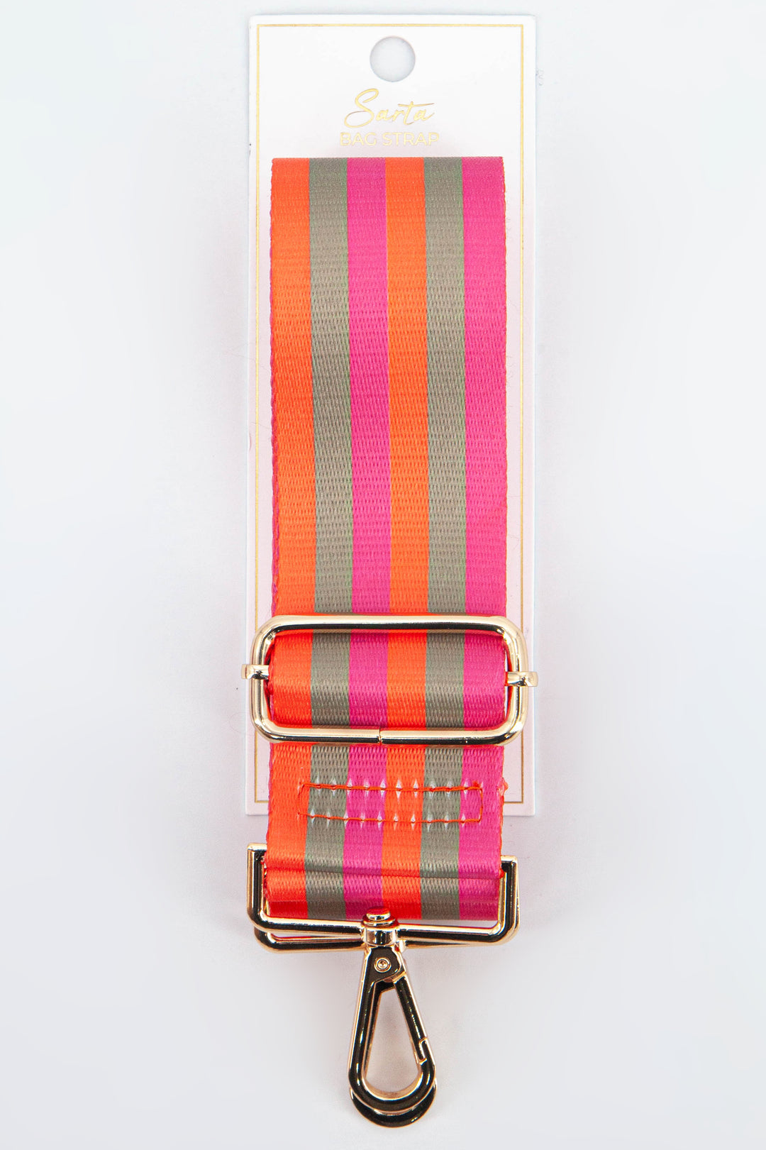 orange, pink and khaki rainbow striped bag strap with gold hardware
